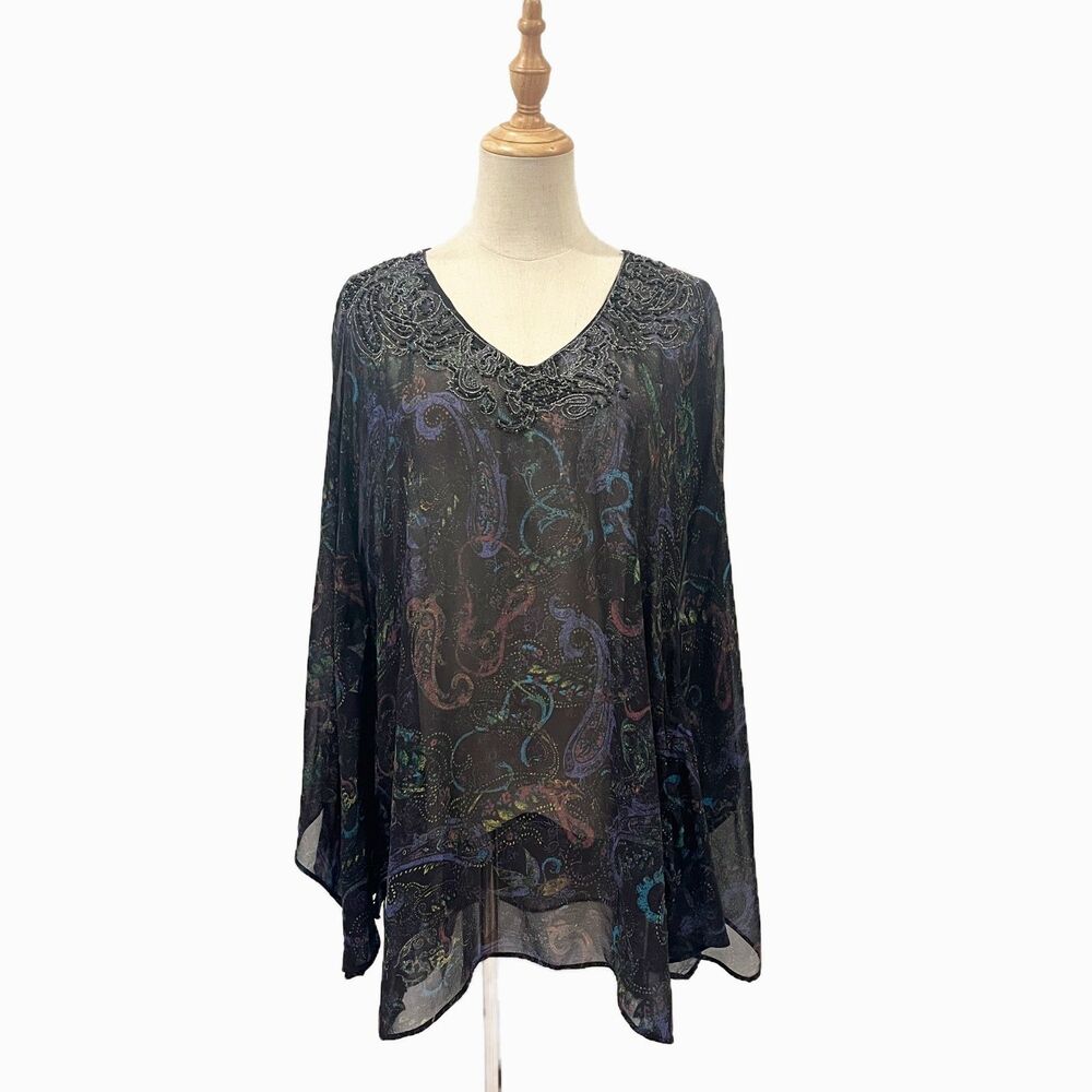 Chico's Navy Sheer Paisley Blouse 100% Silk M/L Side Gathering